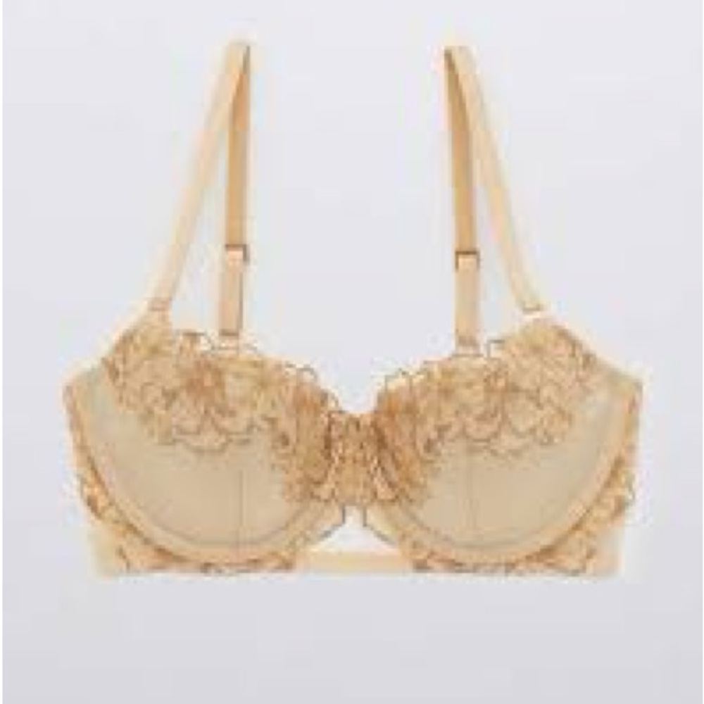 Aerie Real Power Gold Satin Lace Unlined Full Coverage Balconette Bra Sz 34DD